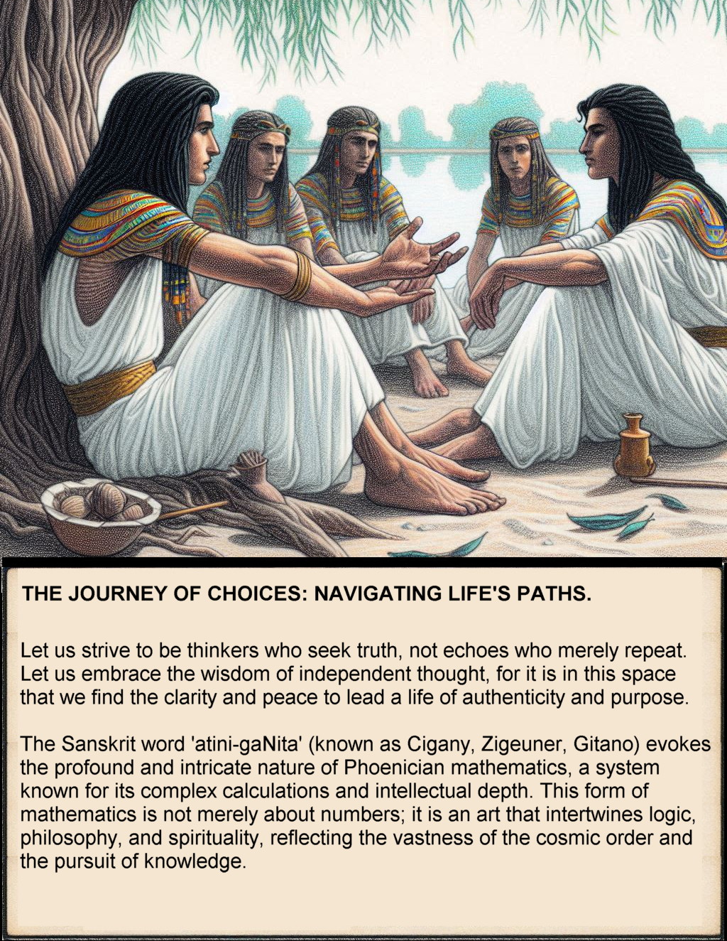 Let us strive to be thinkers who seek truth, not echoes who merely repeat. Let us embrace the wisdom of independent thought, for it is in this space that we find the clarity and peace to lead a life of authenticity and purpose. The Sanskrit word 'atini-gaNita' (known as Cigany, Zigeuner, Gitano) evokes the profound and intricate nature of Phoenician mathematics, a system known for its complex calculations and intellectual depth. This form of mathematics is not merely about numbers; it is an art that intertwines logic, philosophy, and spirituality, reflecting the vastness of the cosmic order and the pursuit of knowledge.